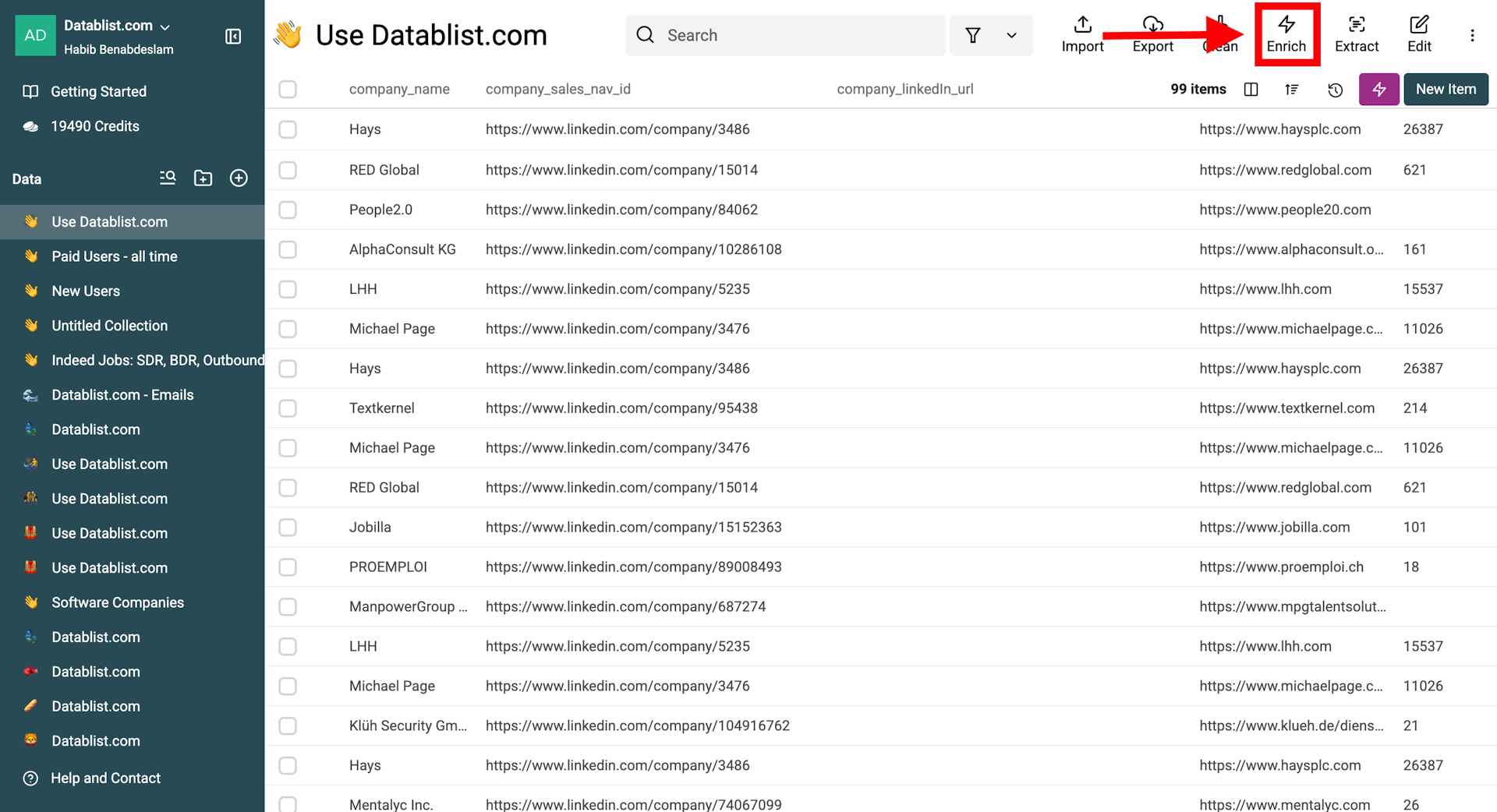 Selecting the “Enrich” option in Datablist.