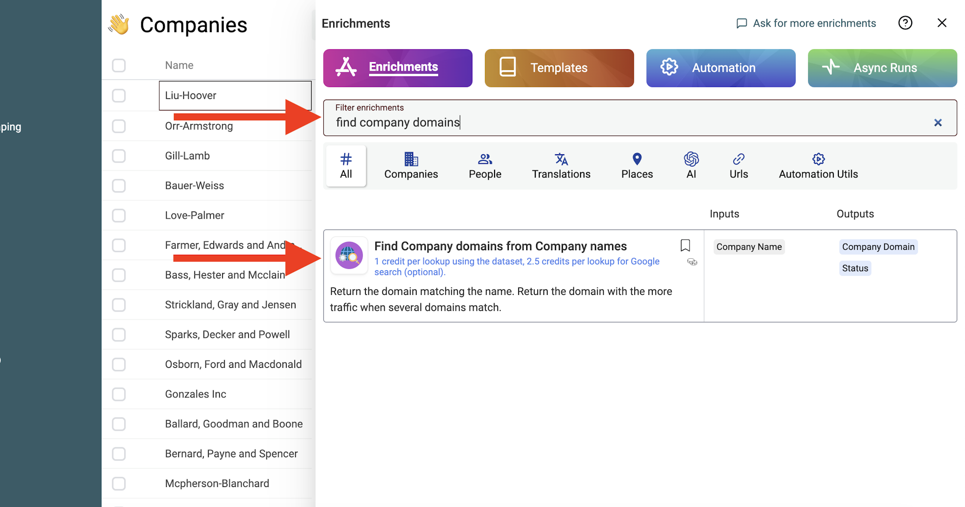 Select the "Find Company domains from Company names" enrichment