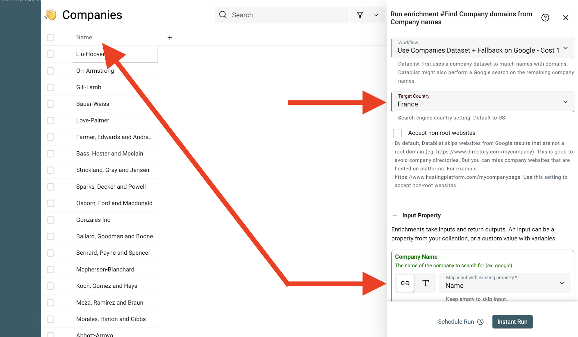 Configure the enrichment. Select the input property