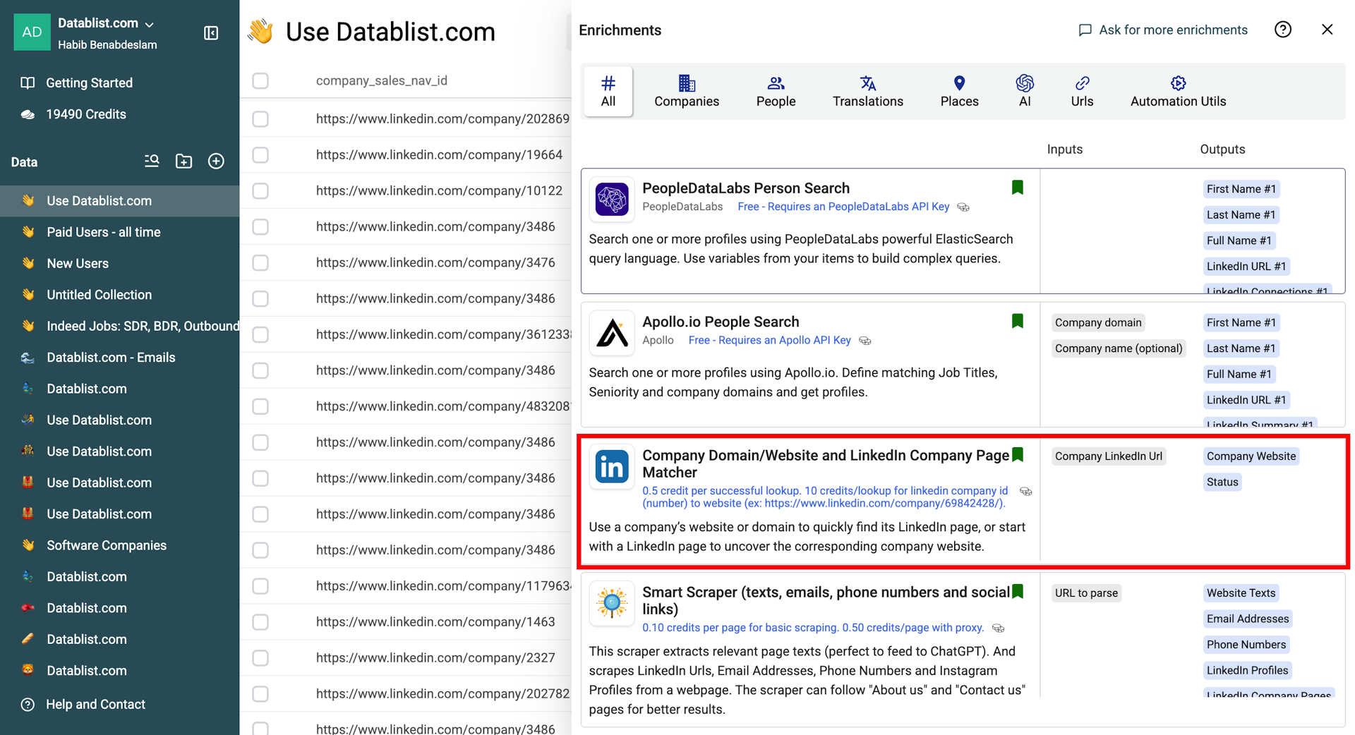Select the “Company Domain/Website and LinkedIn Company Page Matcher”.