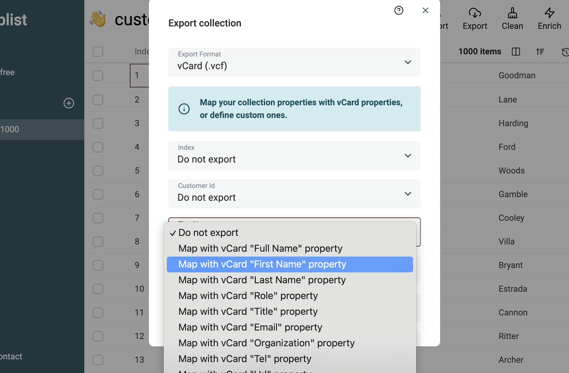 Map your CSV columns with vCard fields