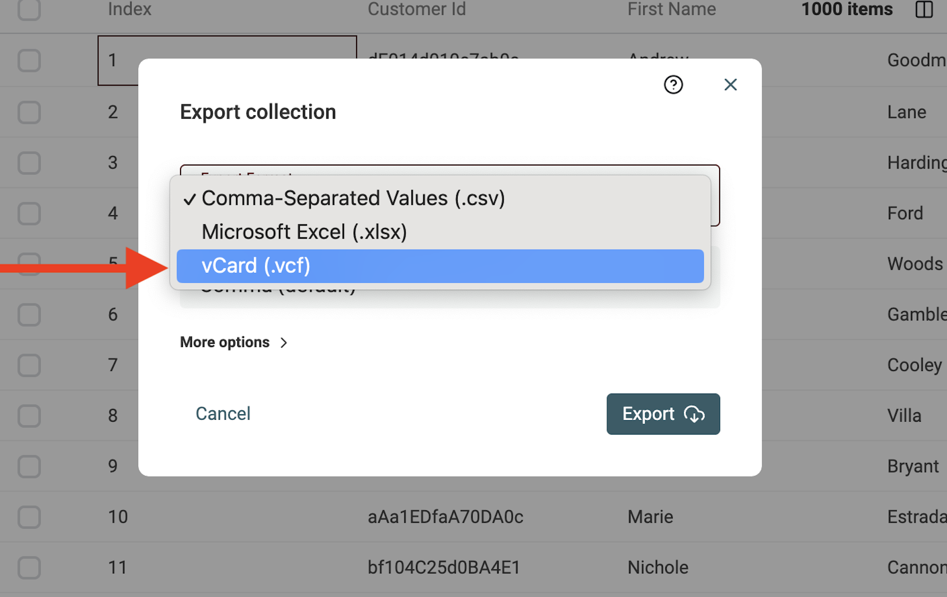 Select vCard (VCF) data format