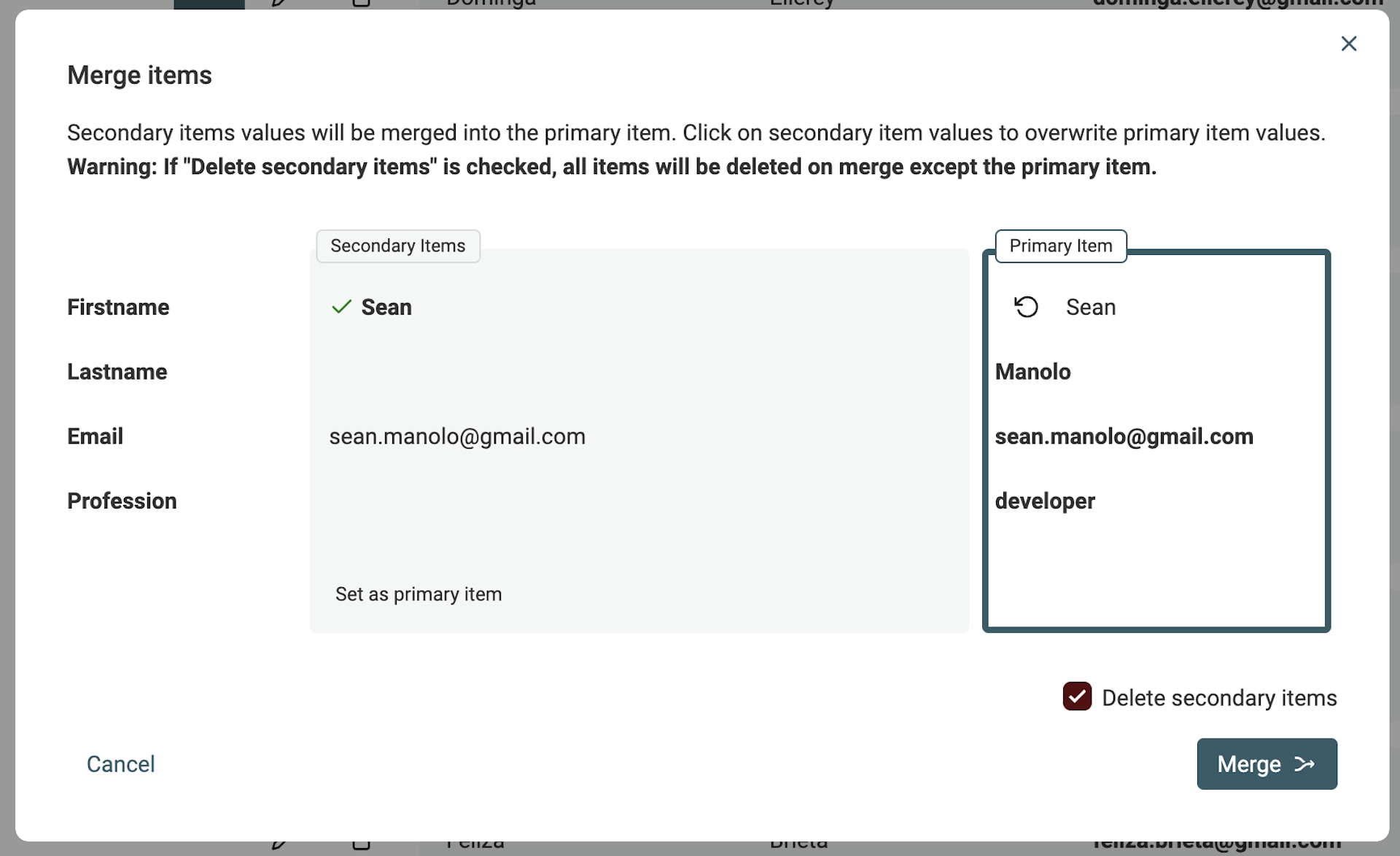 Merging tool to dedupe contacts