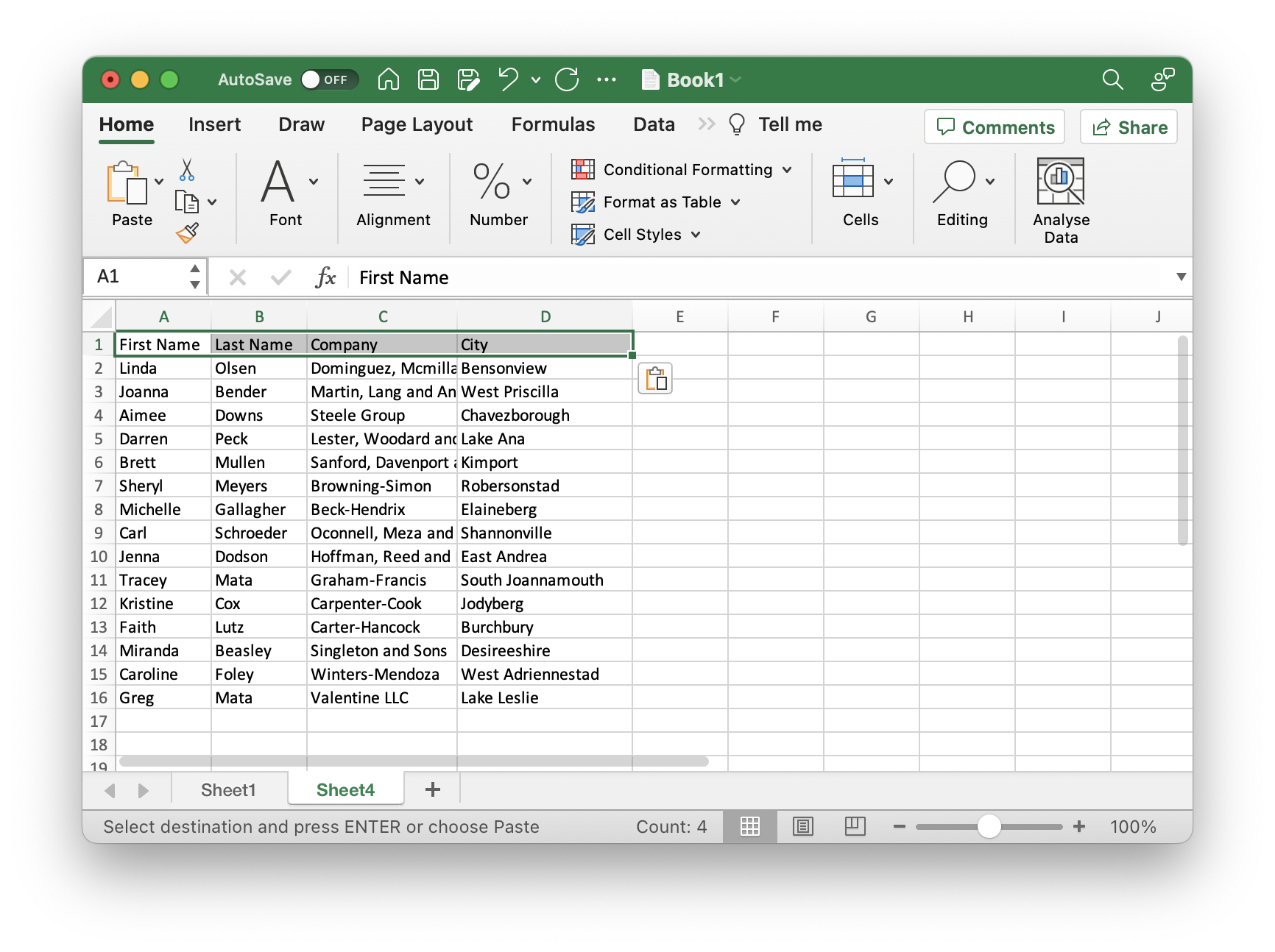 Paste columns in the new sheet