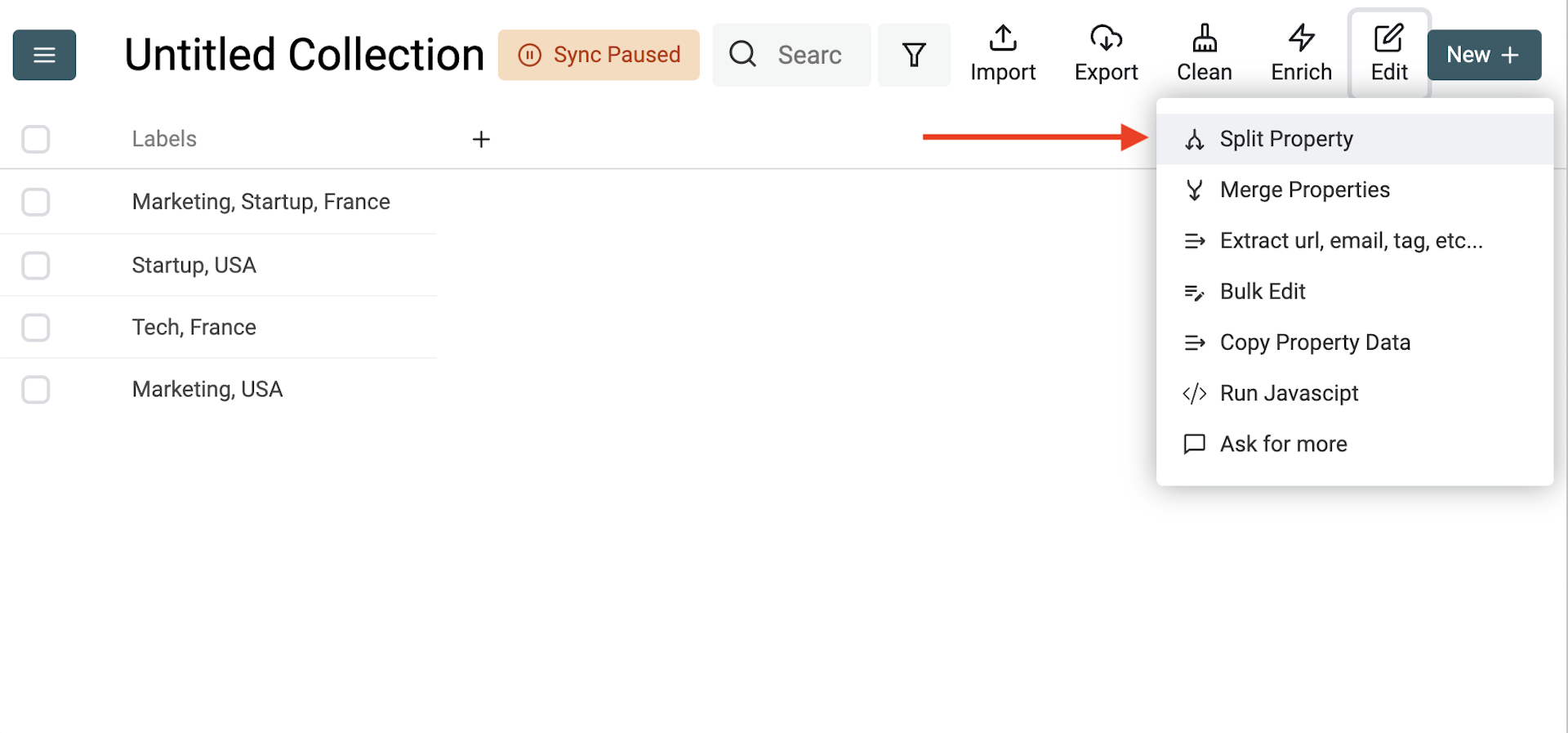 Open Split Property tool