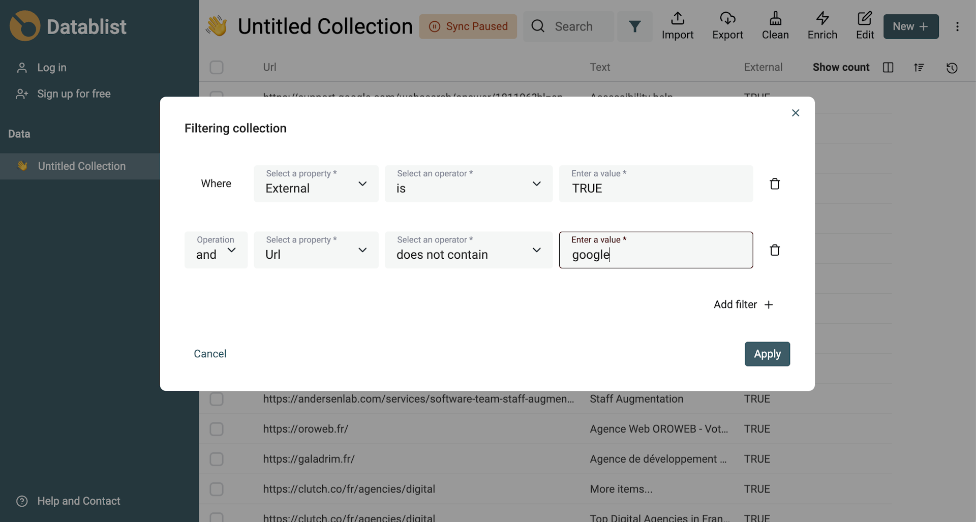 Filter URLs outside Google
